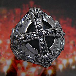 ブラックアクセサリー ブラス ルテニウムコーティング リング オニキス ブラックジルコニア・人工ダイ...