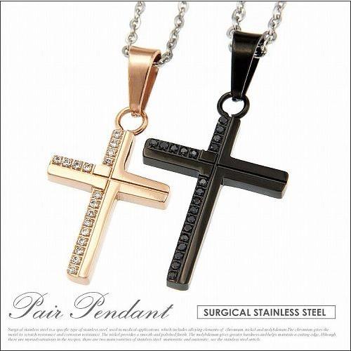 nec00192 定番のクロス ペアネックレス ステンレス メンズ・レディース ブラック ピンクゴー...