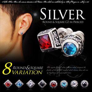 シルバーアクセサリー ピアス メンズ 四角 丸 ジルコニア ブルー レッド pi0437 バラ売り
