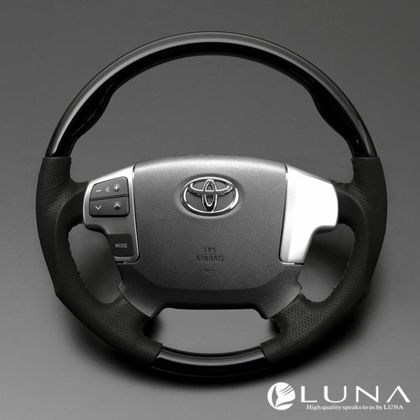 【LUNA ステアリング】トヨタ ハイエース 200系 4型 ウッド＆レザーステアリング ピアノブラ...