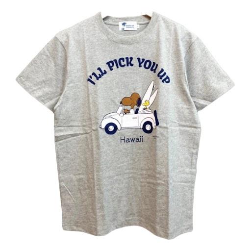 ハワイ限定 日焼けスヌーピー Tシャツ I&apos;ll PICK UP ユニセックス 男女兼用 半袖 グレ...