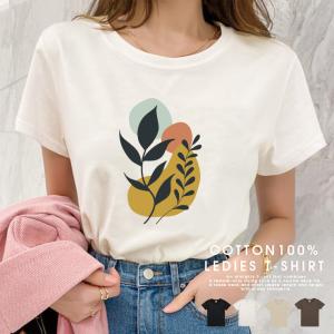 Tシャツ レディース 半袖 大人かわいい S M L Tシャツ 厚手 透けにくい 綿 100% おしゃれ かわいい 韓国 ニュアンスカラー ボタニカル 選べる4デザイン｜301-shop