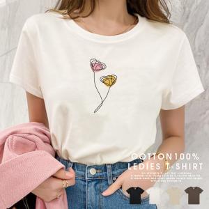 Tシャツ レディース 半袖 大人かわいい S M L Tシャツ 厚手 透けにくい 綿 100% おしゃれ かわいい 韓国 ドローイングアート flower 花 選べる4デザイン｜301-shop