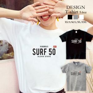 Tシャツ レディース 半袖 トップス ブランド ユニセックス メンズ プリントTシャツ ペア ロゴT SURF 50 ALOHA アロハ ハワイ サーフ 夏 シンプル おしゃれ｜301-shop