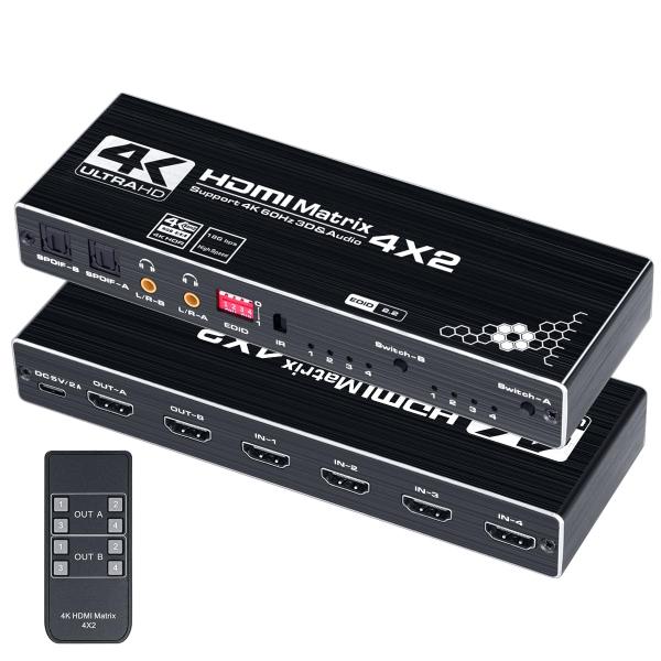 ELEVIEW HDMI マトリックス セレクター 4入力2出力 4K 60Hz対応 音声分離機能付...