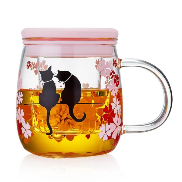 ポカロティー 耐熱ガラス茶こし付きマグカップ 透明 紅茶 温度で色が変わる桜猫カップ 和桜 春の日 ...
