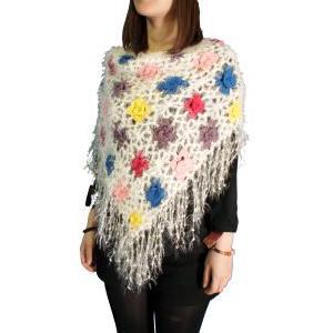 カラフル水玉 手編みマント 【ホワイト】