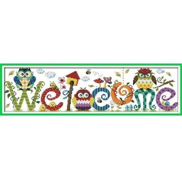 クロスステッチキット 刺繍キット welcome＆いらっしゃい フクロウ模様 図案印刷 手芸 初心者...