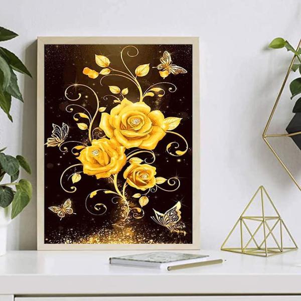 5D ダイヤモンドアート 薔薇 金色お花蝶々 癒し 植物 動物 ビーズ絵画 モダン 手芸キット 壁飾...