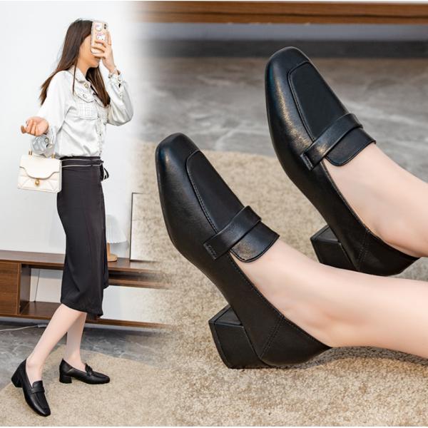 フワラク ローファー パンプス レディース靴 シューズ ローファーパンプス 防水 スクエアトゥ ヒー...