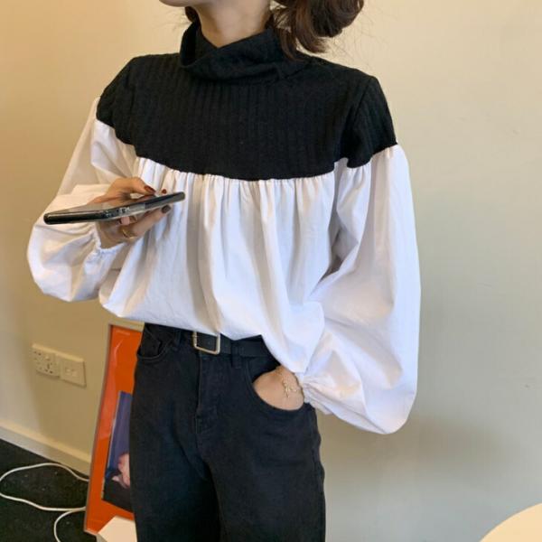 ハイネック ニット 異素材MIX トップス ボリューム袖 ビッグシルエット 長袖 ボリュームスリーブ...