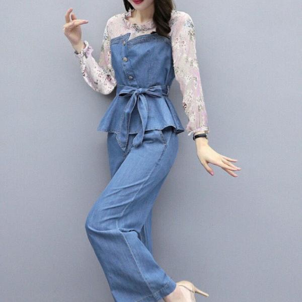 デニムパンツスーツ ドッキングパンツセットアップ ブラウス付き 秋春スーツ レディース シックパンツ...