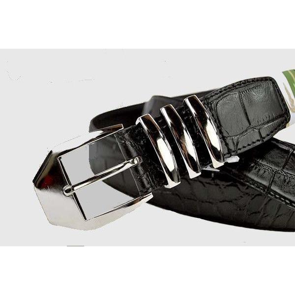 クロコ型押し ３連通し本牛革 メンズロングベルト BK サイズ調整可能