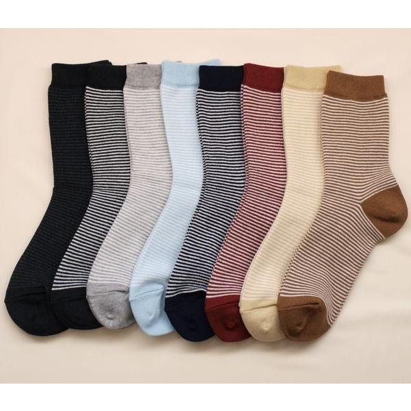 靴下 婦人ピンボーダークルーソックス　日本製　よりどり3足 オールシーズン　かかと補強