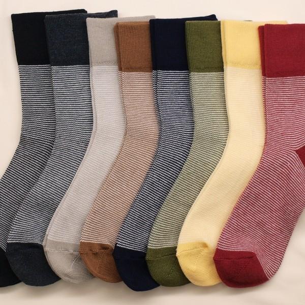 靴下 婦人ピンボーダーゴムなしクルーソックス 足首ゆったり 日本製 よりどり3足