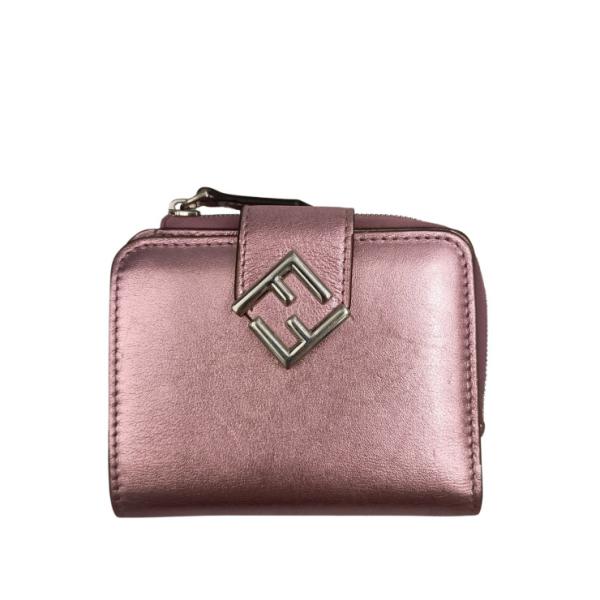 フェンディ 二つ折り財布 FFダイヤモンド 8M0490 レザー - メタリックピンク系 美品 ファ...