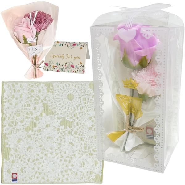 今治ハンカチ 枯れないお花 ソープフラワー ミニブーケ ギフトセット ケース入り 母の日 誕生日 記...