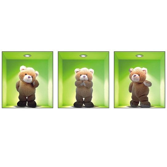 ウォールステッカー 四角の棚 テディベア 3枚セット 3D 壁紙シール くまのぬいぐるみ ドア 階段