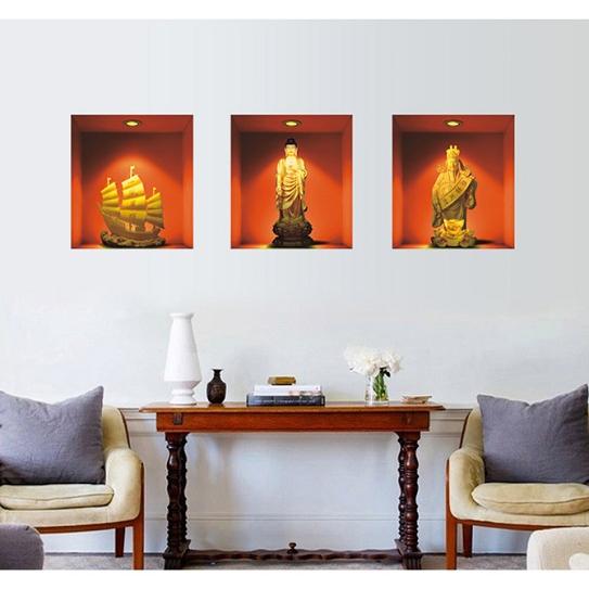 ウォールステッカー 仏像 帆船 3D インテリアシール 3枚セット 糊残りなし 和室 畳間 仏壇 風...