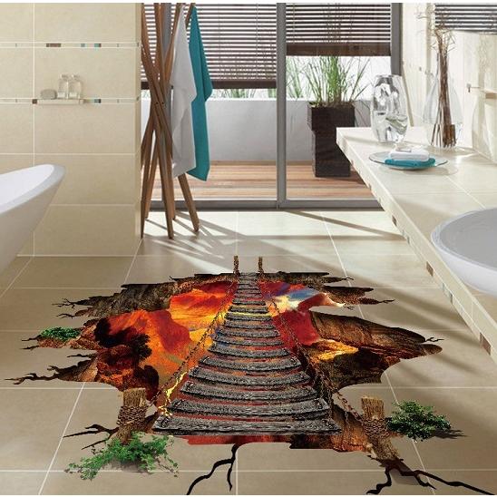 ウォールステッカー 崖の上の吊り橋 3D フロア用シール 危険な 架け橋 錯覚絵 廊下 バスルーム