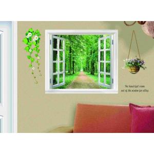 ウォールステッカー 窓枠 森林の風景 壁紙シール 鉢植えと花 緑の葉 癒し 貼り剥がしできる 景色
