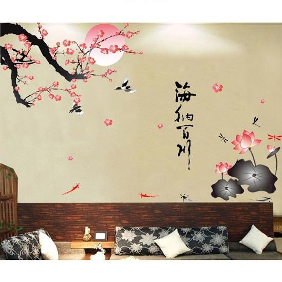 ウォールシール 梅と蓮 書道 和風 壁ステッカー 花鳥風月 木の枝 鯉 トンボ 早春 取り外し可能