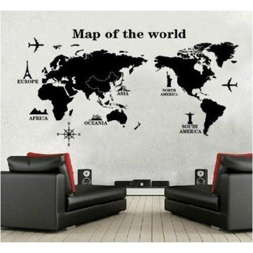 ウォールステッカー 世界地図 マップオブザワールド 壁紙シール モノクロ 剥がしやすい 英文字 黒色