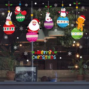 ウォールステッカー クリスマス 吊り下げ 飾り玉 窓に貼る シール サンタ うさぎ ペンギン くま