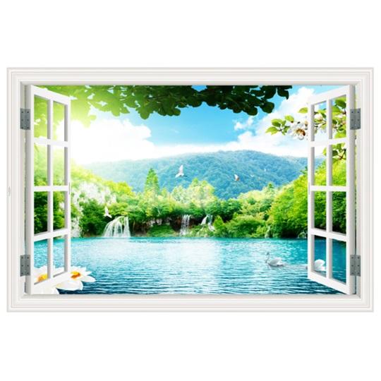ウォールステッカー 窓から覗き見える 山と湖の風景 大きい 壁紙 シールシート 鶴 空 蓮の花 玄関