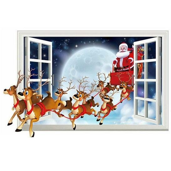 ウォールステッカー 窓 サンタクロースがやって来た ソリとトナカイ 3D壁シール クリスマス 聖夜の...