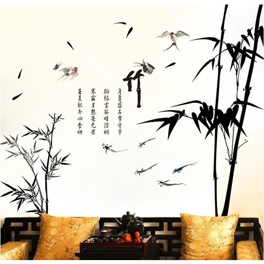 ウォールステッカー 黒い竹と鳥 漢字 和風 壁紙シール 剥がせる 笹の葉 七夕 居間 和室装飾 仏壇