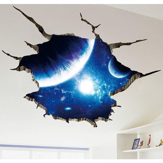 ウォールステッカー 割れ目から 青い宇宙空間 3D 壁紙シール 惑星 銀河系 歪み 地球 天井や床