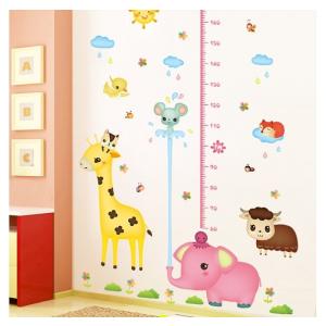 ウォールステッカー ピンクの象さんと動物たちの身長計 壁シール 測る キリン 羊 目盛り付き｜41wallsticker