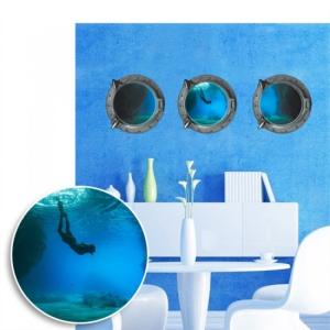 ウォールステッカー 潜水艦窓 海底 ダイバー 3D 壁シール きれいな 青色 剥がせる 深海 室内 賃貸部屋｜41wallsticker