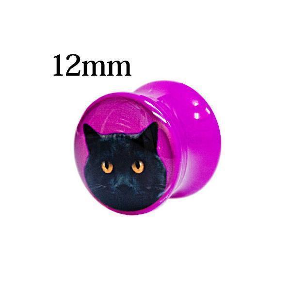 ボディピアス 12mm 黒猫ロゴつきアクリルダブルフレアプラグ / 12ミリ 拡張 ロブ ラージホー...