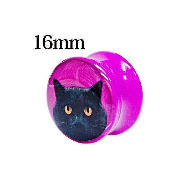 ボディピアス 16mm 黒猫ロゴつきアクリルダブルフレアプラグ / 16ミリ 拡張 ロブ ラージホー...