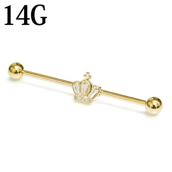 ボディピアス 14G パヴェクラウンインダストリアルバーベル / ゴールド 14ゲージ ロングバーベ...