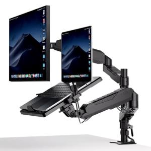 デュアル ノートパソコン/モニターアーム 安定性UP トレイ付き 11-17インチ対応 高度12-60cm 角度自由に調整 ガススプリング グロメット式＆クランプ式 モニター