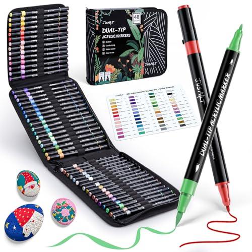 JusArt アクリルマーカーペン 48色セット ペイントマーカー 筆先 細字先両端 アクリル絵の具...