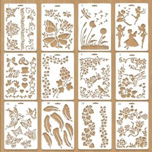 ステンシルシート 12枚セット 描画テンプレート 花 蝶 リボン ハート 柄 製図用テンプレート 描画ツール 透かし彫り 水洗い可 塗り絵/DIYアルバム/手帳/メッセー