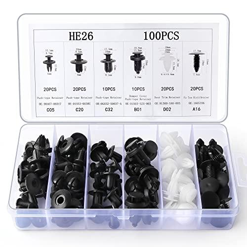 100PCS 6サイズカーバンパーリテーナークリップ＆ナイロンファスナーリベットキット オートプッシ...