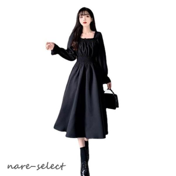 ワンピースドレス レディース 40代 秋冬 きれいめ マキシワンピース 長袖 ベルベット黒スクエアネ...