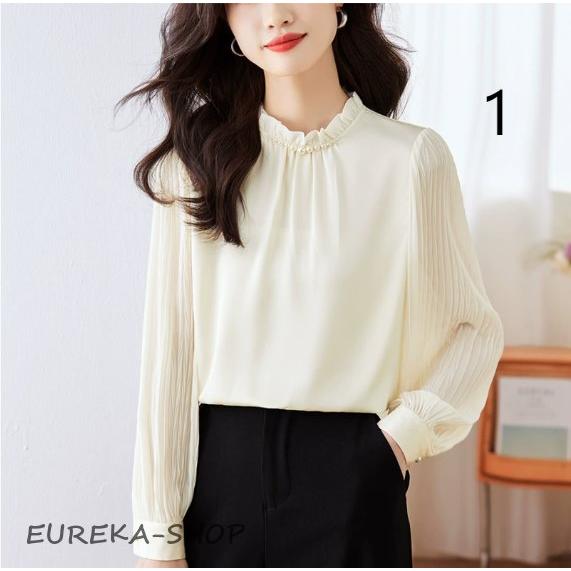 リボンブラウスレディース襟フリル長袖おしゃれ白ピンク可愛いかわいいリボンタイシャツ秋冬春立ち襟スタン...