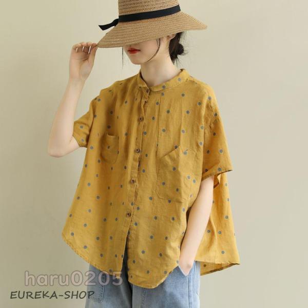 ブラウス レディース 夏 シャツ 薄い 半袖 前開き ドット柄 ス ゆったり 透け感 きれいめ ナチ...