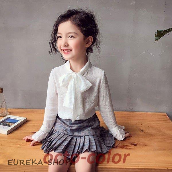 キッズ シャツ リボン 蝶結び ブラウス 女の子 春 秋 夏 スウィート 女児 子ども 長袖 着心地...