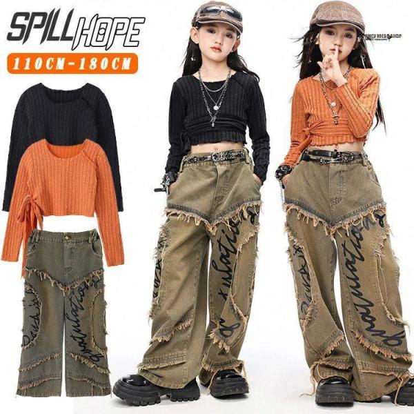 チアガール へそ出し 蜜柑色 黒 キッズ ダンス衣装 セットアップ 女の子 ニット Ｔシャツ ショー...