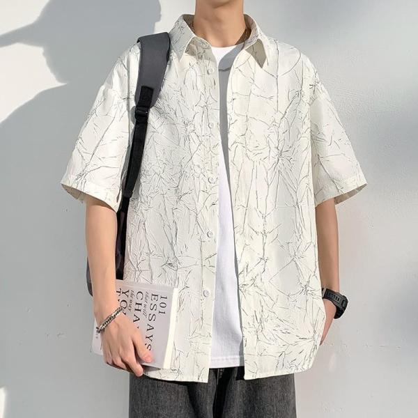 半袖シャツ メンズ オーバーサイズ ワッシャー加工 総柄 シティーボーイ 夏 カジュアル ビッグシル...