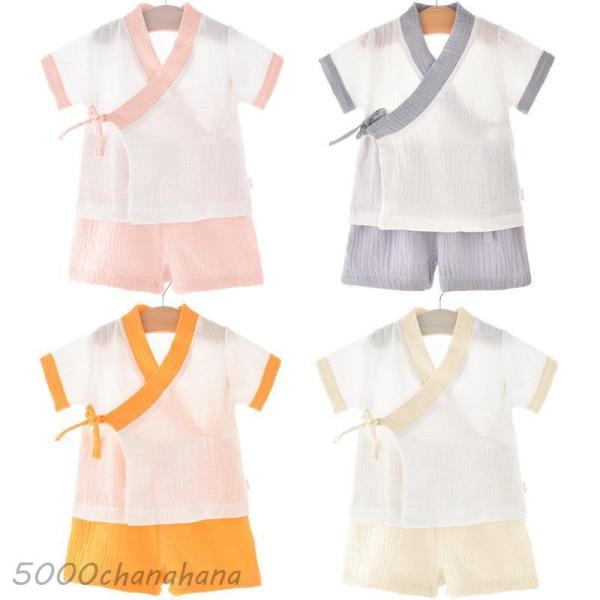 甚平スーツ 男の子 100％綿 セットアップ 女の子 ショートパンツ 半袖 配色 がーぜ 浴衣 キッ...