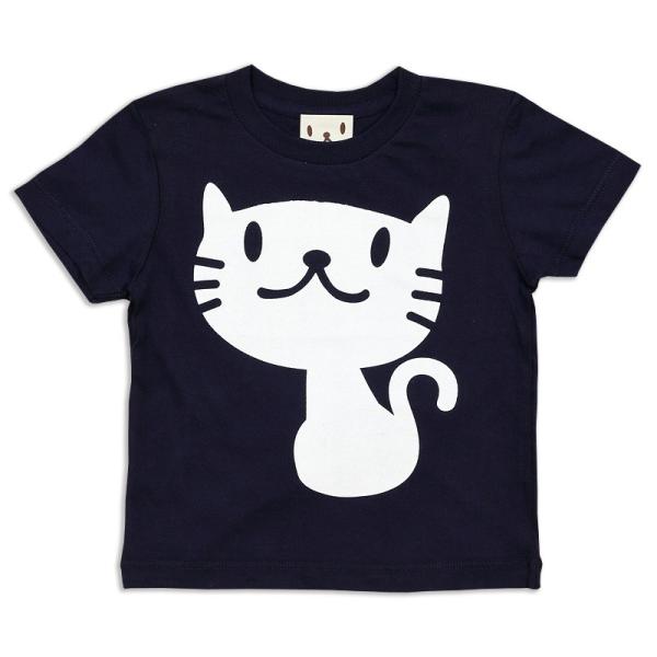 猫 おもしろ かわいい キッズ Tシャツ 半袖 しろねこさん - ネイビー ネコ ねこ 猫柄 雑貨 ...