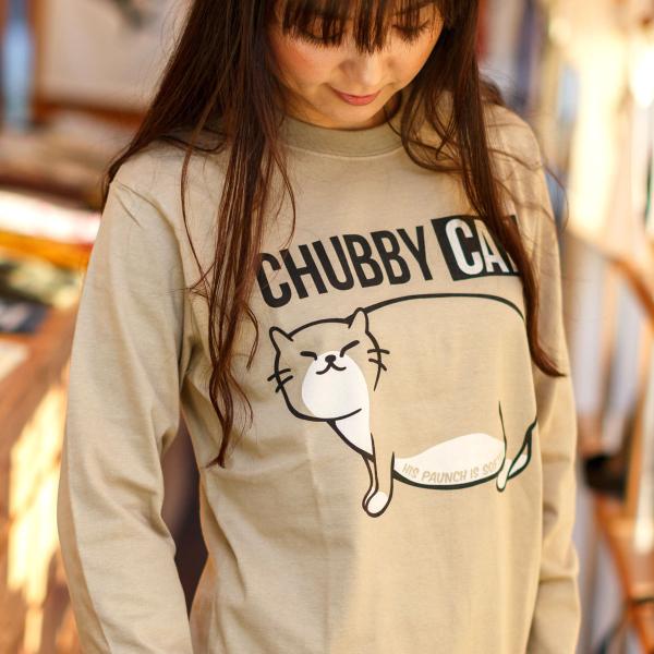 猫 おもしろ かわいい Tシャツ 長袖 ロンT メンズ レディース CHUBBY CAT - サンド...